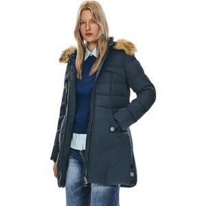 Orolay Women's Small Down Mid Length Parka Coat with Faux Fur Trim Hood - Navy